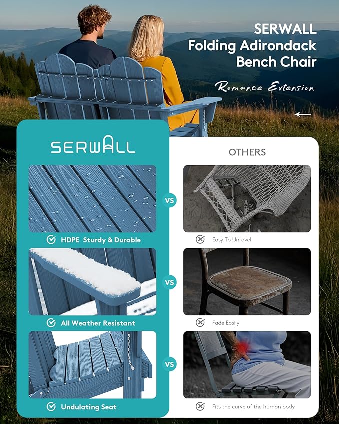 SERWALL 3 Pieces Patio Adirondack Bench Set, 2 Folding Adirondack Bench and 1 Coffee Table Set for Front Porch Garden Balcony Backyard, Navy