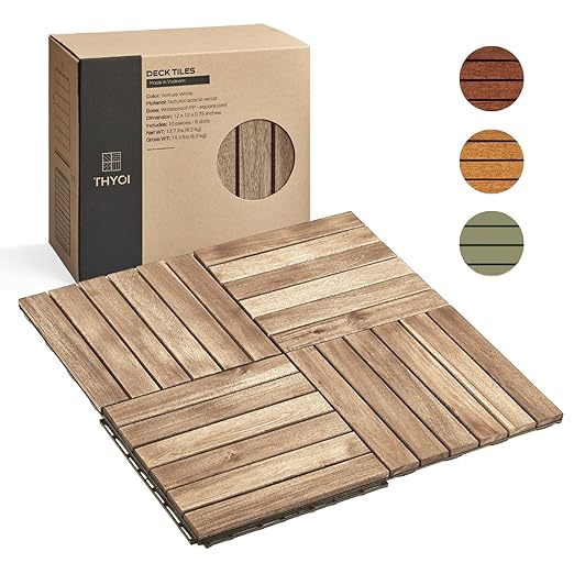 10 Pcs Deck Tiles, Patio Flooring - Outdoor Waterproof Acacia Wood Tiles for All Weather Use - Balcony, Backyard, Indoor & Outdoor (White Striped Pattern, 10 Square Ft)