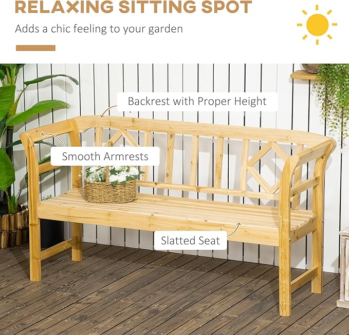 Outsunny Wooden Patio Bench, Outdoor Garden Bench with Backrest and Armrests, 3 Person Porch Bench with Rustic Country Diamond Pattern, Natural