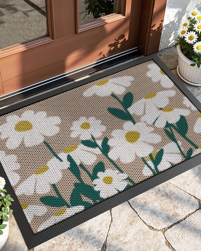DEXI Front Door Mat Outside Entrance, 23x35 Daisy Plant Welcome Doormat, Non Slip Dirt Resist Heavy Duty Entry Mats for Entryway, White and Beige