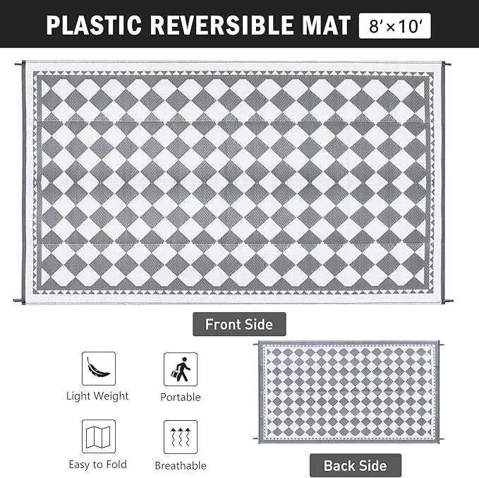 HUGEAR Outdoor Waterproof Rug 8'x10' Plastic Straw Rugs Washable Reversible Floor Mat Grey Plaid Carpet for Camping RV Deck Entryance Porch Picnic Balcony Beach Backyard