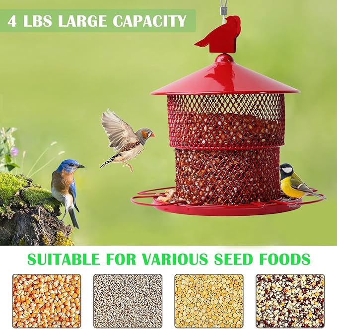 Metal Bird Feeder for Outside Hanging, Bird Feeders Squirrel Proof, 4 Lbs Large Capacity Tube Iron Mesh Wild Birdfeeder for Outdoor Finch Cardinal Chickadees Blue Jay -Red