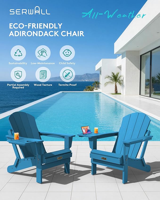 SERWALL Folding Adirondack Chair Set of 4, Outdoor Adirondack Chairs with 4 in 1 Cup Holder, Wood Texture Patio Chairs, Weather Resistant Fire Pit Chairs for Patio Deck Garden, Backyard - Sapphire