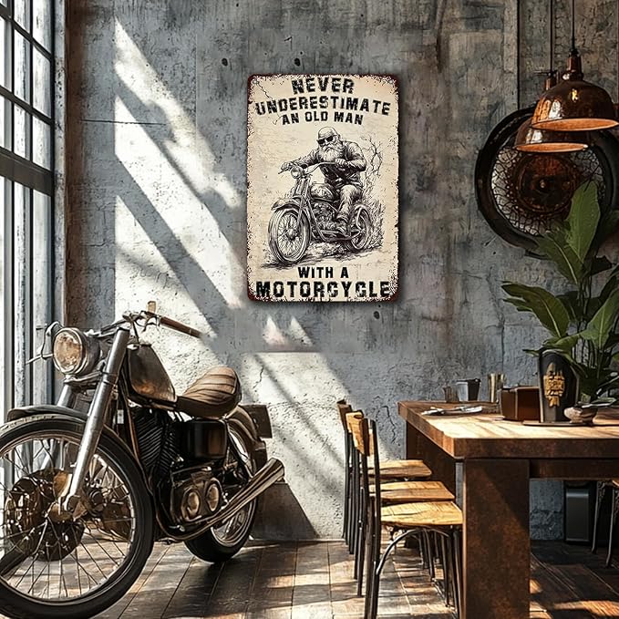 PEACHGARDEN Motorcycle Metal Tin Sign Never Underestimate An Old Man With A Motorcycle Vintage Tin Sign Metal Motorcycle Art Wall Decor Retro Motorcycle Poster Man Cave Motorcycle Metal Tin Sign 8x12inch