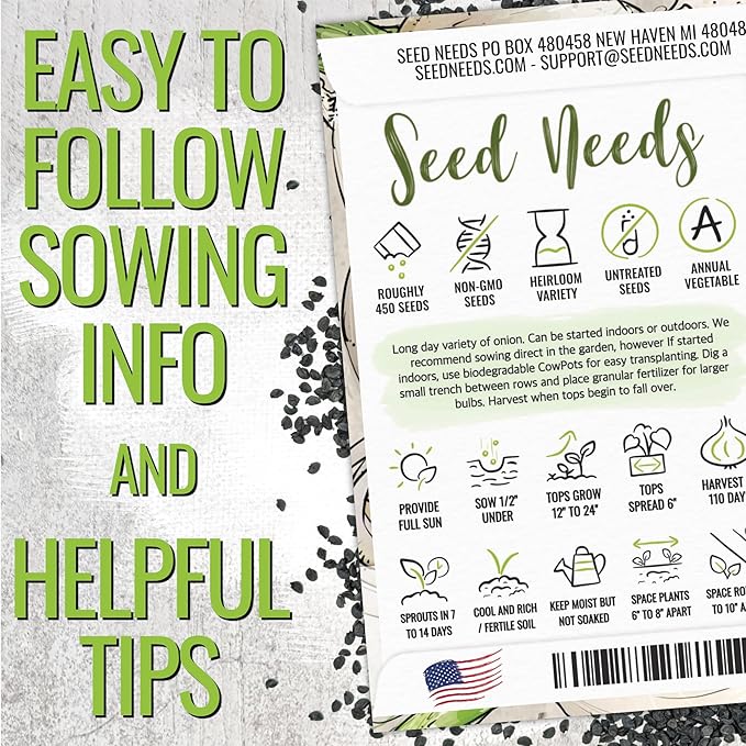 Seed Needs Onion Seeds for Planting White Sweet Spanish Long Day Onions - Non-GMO Heirloom & Untreated Vegetable Seeds to Plant an Outdoor Home Grown Veggie Garden (1 Pack)