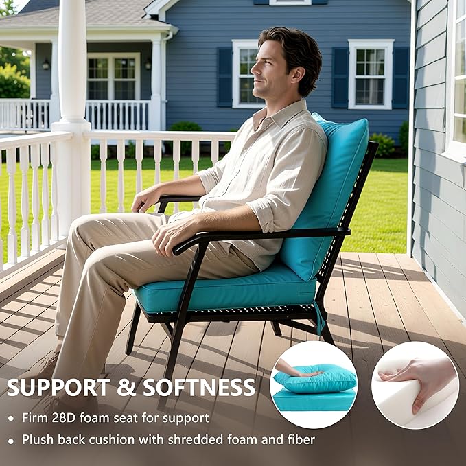 19x19 Inch Patio Chair Cushions Set of 2, Outdoor Furniture Cushions - Removable Cover, Water-Repellent, Fade-Resistant, Non-Slip Bottom & Straps, Replacement for Lawn, Porch & Deck Chair - Teal