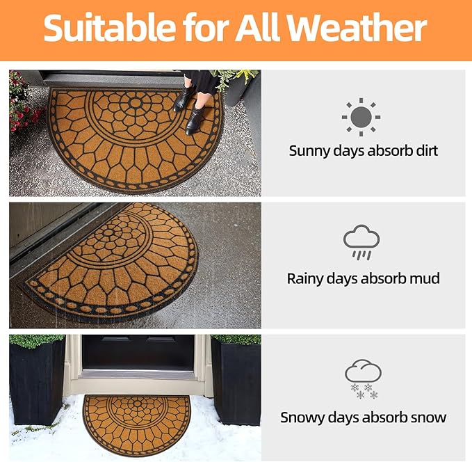 Half Circle Door Mat Outdoor, Front Door Rug Indoor Outside Entrance, Dirt Trapper Coir Doormat with Non Slip Backing, Half Round Rug for Entryway, 24x36, Brown