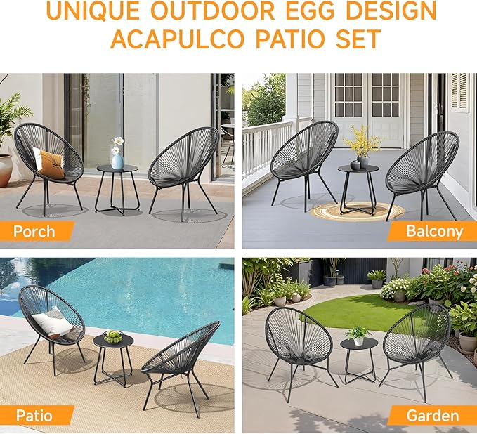 ONBRILL 3 Piece Patio Bistro Set, Outdoor Acapulco Chairs with a Coffee Table, All-Weather PE Rattan Patio Furniture Set for Balcony, Garden, Proch, Black