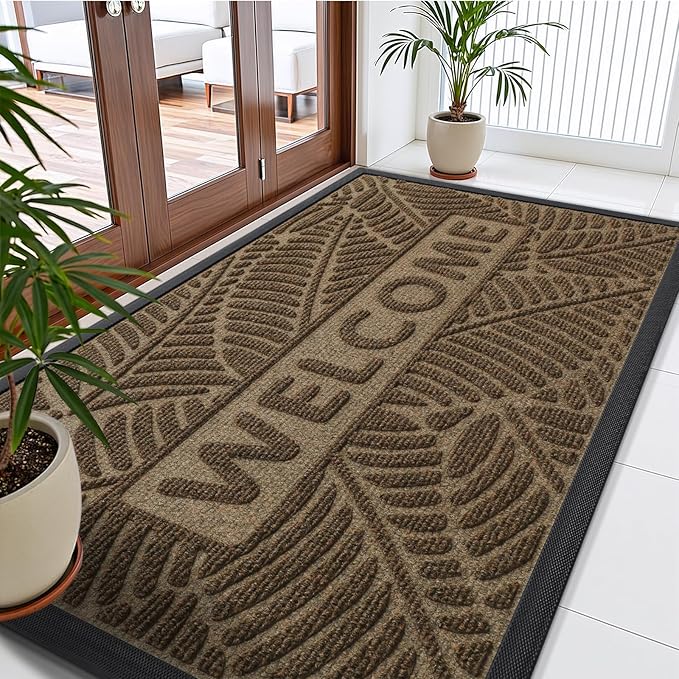 Smiry Welcome Mat Indoor Outdoor, All-Season Waterproof Front Door Mat, Sturdy Natural Rubber Doormat, Non-Slip, Easy Clean, Low Profile Dirt Trapper for Porch Patio Entrance, 71x47, Brown