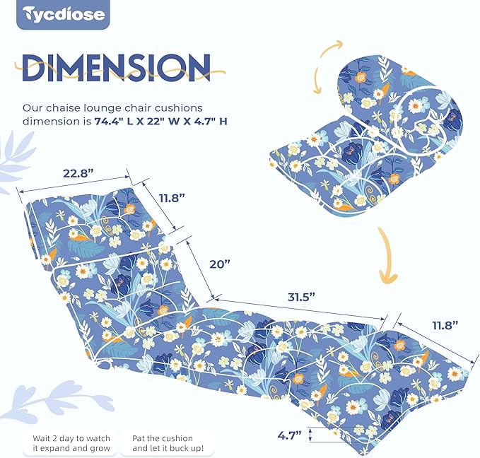 Waterproof Outdoor Chaise Lounge Chair Cushion 74.4 x 22 x 4.7 Inches Memory Foam Lounge Chair Cushions for Outdoor Furniture with Ties, Thickened Pool Lounge Chair Cushion, Blue Floral