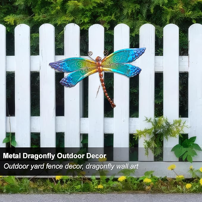 Handmade Metal Dragonfly Wall Decor - Outdoor Garden Fence Art - 15" Rustic Scenic Wall Art for Patio, Bedroom, Bathroom Vivid Hanging Decoration is an ideal Gift for a Father, Mother, and Grandmother