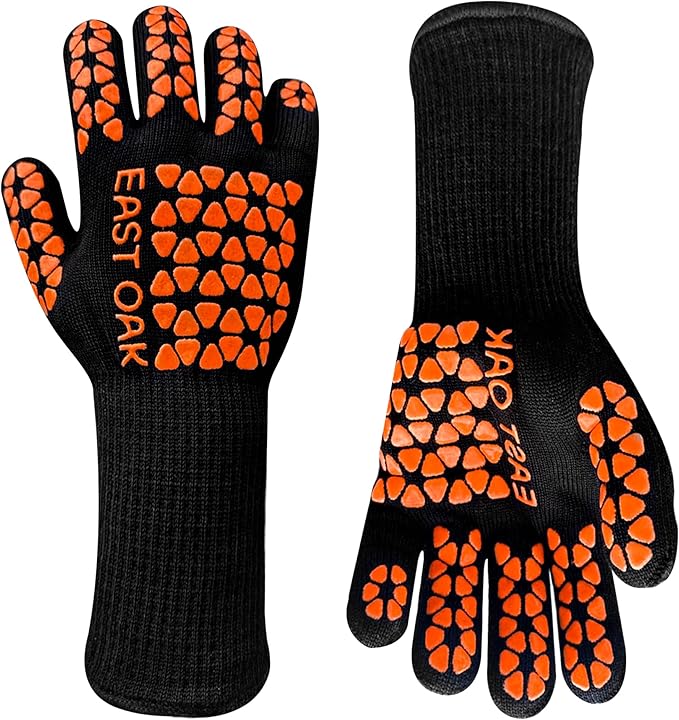 East Oak BBQ Gloves, 1472℉ Heat Resistant Gloves, Silicone Non-Slip Grill Gloves for Smoker, Fire Pits, Barbecue, Cooking, Black