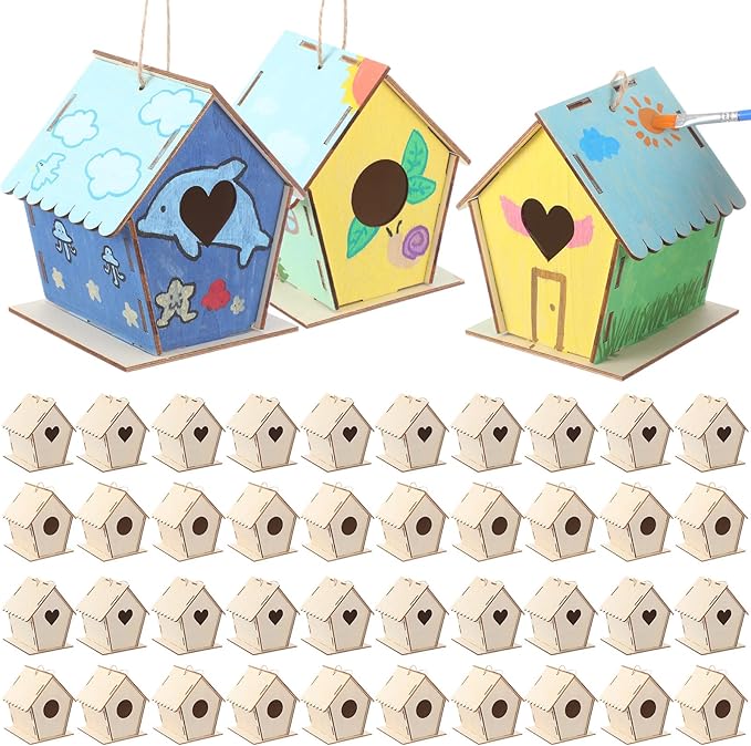 DoubleFill 48 Pack 4.33'' Wooden Bird House Craft Kit for Kids Spring DIY Birdhouse to Build and Paint Unfinished Hanging Birdhouse Bulk Spring Bird Feeder for Class Creative Valentines Crafts
