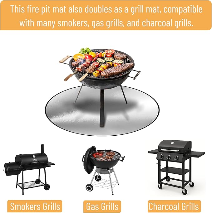 UNCO- Round Fire Pit Mat, 38", Silver Fireproof Design, Reusable, Portable, 3 Layers, Waterproof & Easy to Clean, Grill Matt for Outdoor Grill Deck Protector