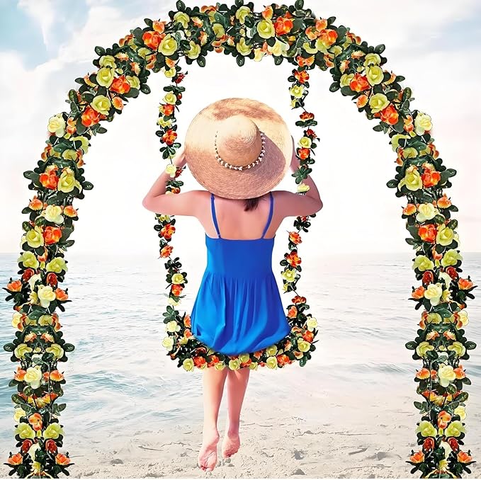 3 Pcs 8FT Flower Garland Artificial Flowers for Outdoors Fake Rose Vine Ivy Silk Flowers for Decoration/Anniversary/Wedding Birthday/Christmas/Home Decor/Garden Decor (Sunset Red)