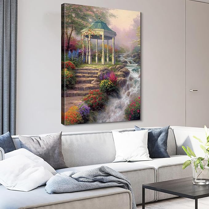STUDIO HAVEN Thomas Kinkade Canvas Wall Art, Ornate Garden Pavilion Cascading Stream Colorful Wildflowers Oil Painting Poster Tranquil Nature Wall Decor, Framed Prints for Home Decor, 20x28Inch