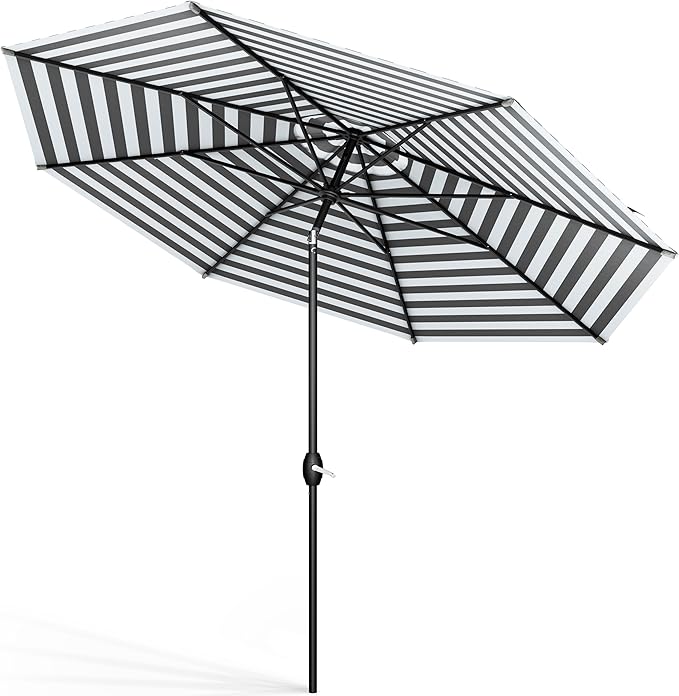 MIDTOWN UMBRELLAS The Lean 9 Feet Outdoor Umbrella With Terylast Matter Stripes (Grey/White Stripes) Polyester Fabric - Auto-Tilt Aluminum Frame Patio Umbrella For Deck, Garden, Pool - Black Pole
