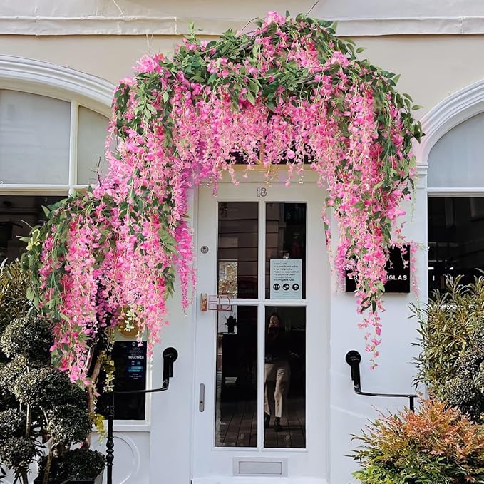 Veryhome 3Pcs 7.2Ft/Piece Artificial Flowers Wisteria Garland Artificial Wisteria Vine Hanging Flower Greenery Garland for Home Garden Outdoor Wedding Arch Floral Decor (Fuchsia)