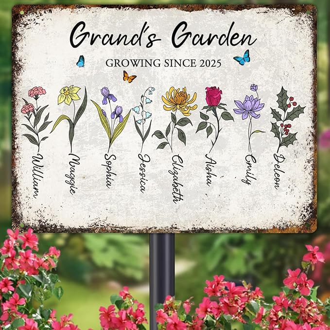 Custom Garden Signs Personalized Metal Tin Sign for Women, Retro Funny Birth Flower Metal Sign for Outdoor, Patio, Yard Rustic Home Decor Gift for Mothers Day, Grandmas, and Gardening Lovers