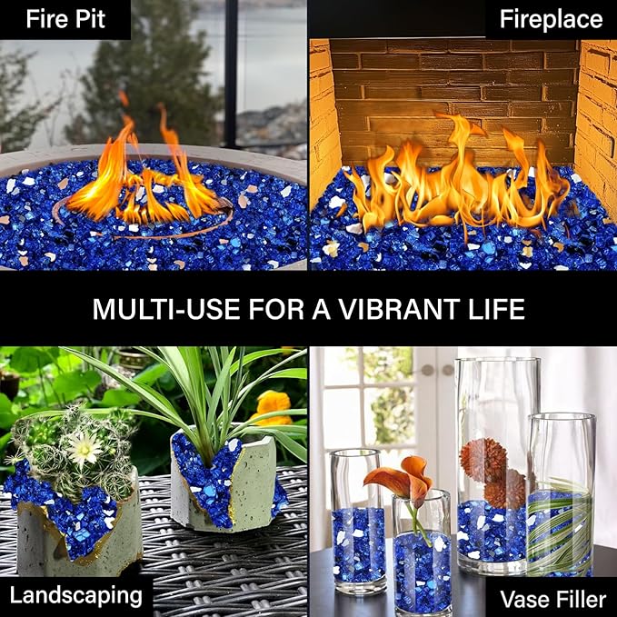 NUPICK 5 Pound Fire Glass, 1/4 Inch Reflective Fire Pit Glass, Tempered Firepit Glass Rock for Propane or Natural Gas, Glass Rocks for Fire Pit Table, Fireplace Glass for Landscaping, Blue