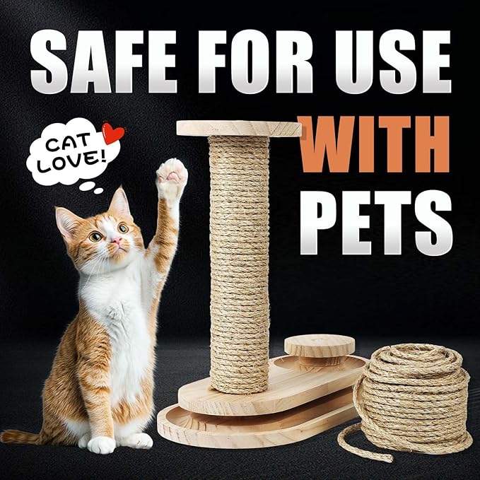 Twisted Sisal Rope 1/4" x 100ft - All Natural Chemical Free, Cat Tree Rope Twine for Scratching Post Repair, Replacement, and Crafts Gardening Home Decorating