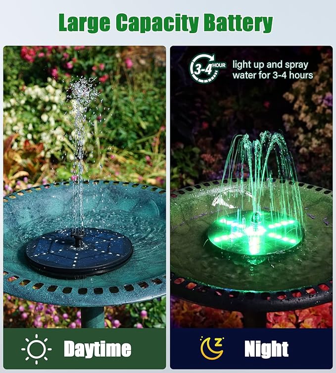 SZMP Solar Fountain with Colorful Star-Shaped Lights, 4W Bird Bath Fountain Pump with 4000 mAh Battery, 7 Nozzles & 4 Fixers, Solar Water Fountain for Garden, Pool, Pond, Outdoor(30 LEDs)
