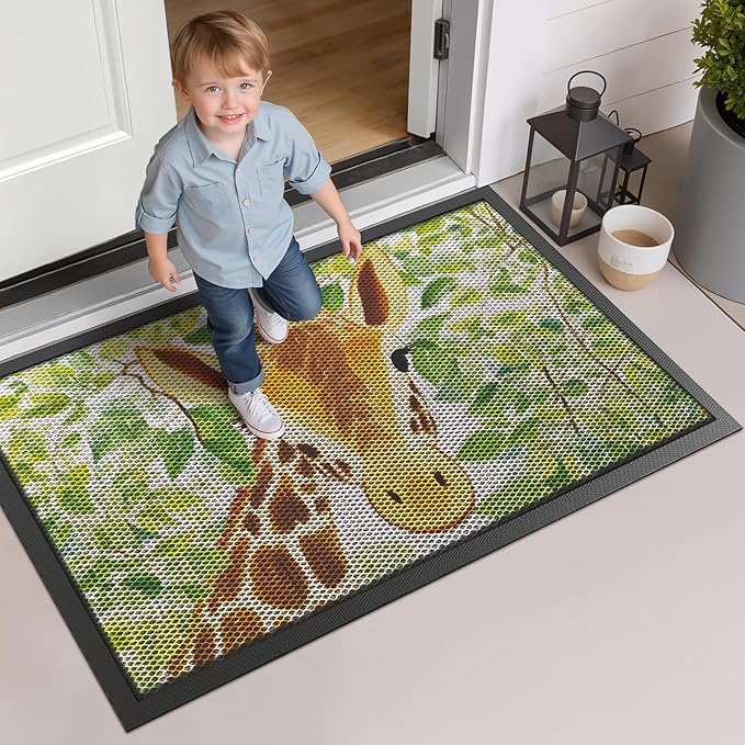 LUMI Outside Door Mat 32x47, Non Slip Rubber Backing Doormat, Low Profile Easy Clean Entrance Mats for Front Back Door Entryway Porch Garage, Giraffe