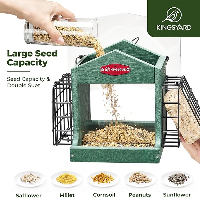 Kingsyard Bird Feeder for Outdoor Hanging - Recycled Plastic Double Suet Cages Wild Bird Feeder with Metal Mesh Tray and Rainproof Roof, 2.5 LBS Large Capacity. Green