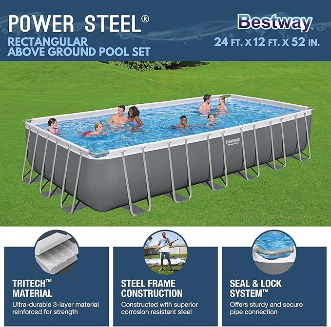 Bestway 2 Pack Power Steel 24' x 12' x 52" Rectangular Metal Frame Above Ground Swimming Pool Set with 1500 GPH Sand Filter Pump, Ladder & Pool Cover