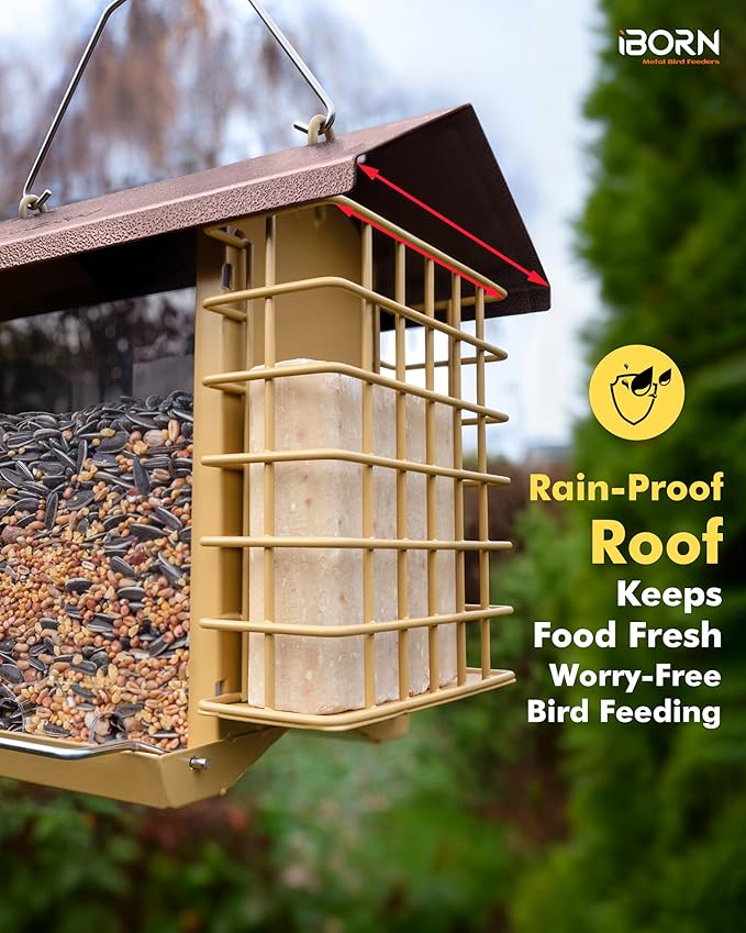 iBorn Bird Feeders for Outdoors,Bird Feeder with Double Suet Holders,Suet Feeder for Outside,Weatherproof Metal Roof,Easy to Refill&Clean,3.2 LBs Seed Capacity+2X Cake,1 Pack,Coffee Roof & Yellow Grid