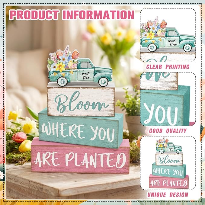 4 Pcs Spring Table Decorations Wooden Truck Floral Block Sign Rustic Flower Tabletop Centerpiece Farmhouse Distressed Easter Spring Decor for Home Office Desk Tiered Tray Decor