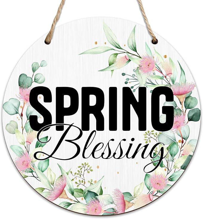Spring Hanging Decor For Front Door, Spring Blessing Round Sign Decor For Farmhouse Home Yard Porch, Hello Spring Decorations, Christian Spring Wall Plaque Gifts For Friends Family -06