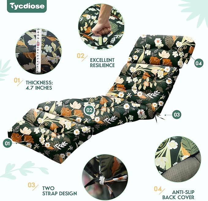 Chaise Lounge Cushions Outdoor Set of 2, 74.4 x 22 x 4.7 Inches Thickened Lounge Chair Cushions Waterproof for Outdoor Furniture with Ties, Non-Slip Patio Pool Lounge Cushions, Green Floral