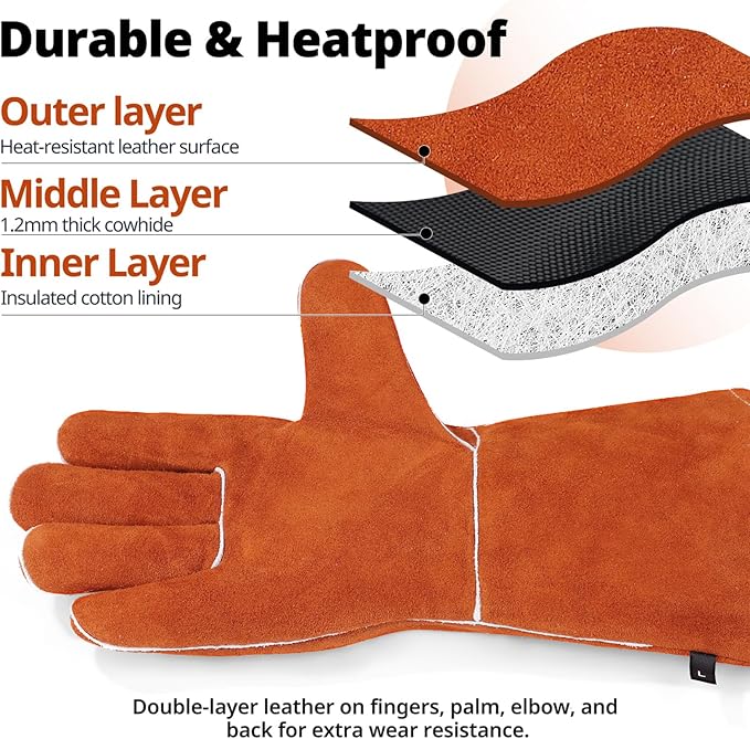 Welding Gloves Fire Heat Resistant 14IN Fireproof Leather for Welding Fire Pit Wood Stove Campfire Furnace BBQ Baking,Grill Oven Stick Mig Tig Gear Gift for Man L