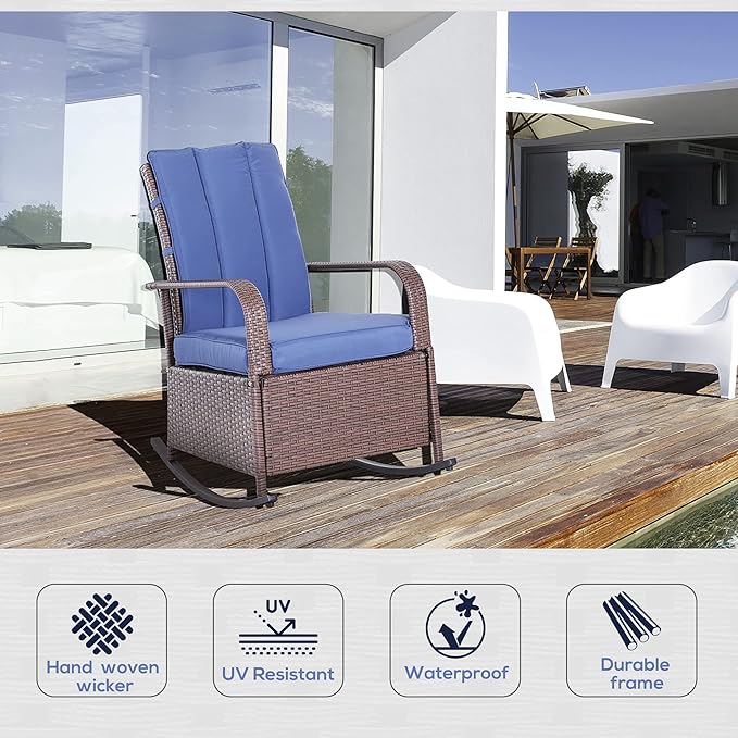 Outsunny Wicker Outdoor Rocking Chair, Patio Recliner with Adjustment Backrest, PE Rattan Lounge Chair with Adjustable Footrest and Cushions for Garden, Backyard, Porch, Blue