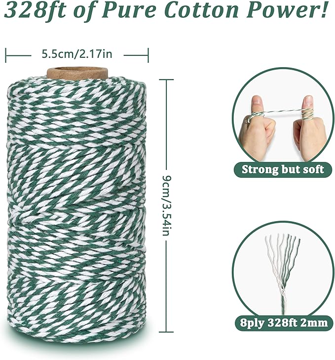 Cotton Twine String, 328 Feet Green & White - Christmas Twine for Gift Wrapping, Crafts, Baking, Butchers, Holiday Decorations, DIY, Kitchen & Gardening