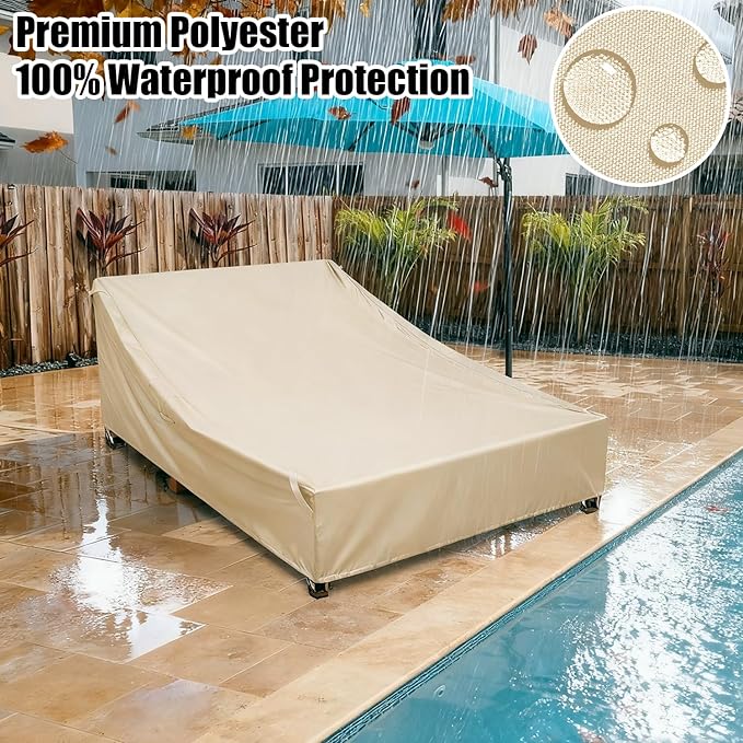Outdoor Double Chaise Lounge Chair Cover Waterproof, 100% 600D Oxford Fabric Tear-resistant and Windproof All-season Weatherproof Protection for Patio Furniture Lounge Chair/Sunbed Daybed (Beige)