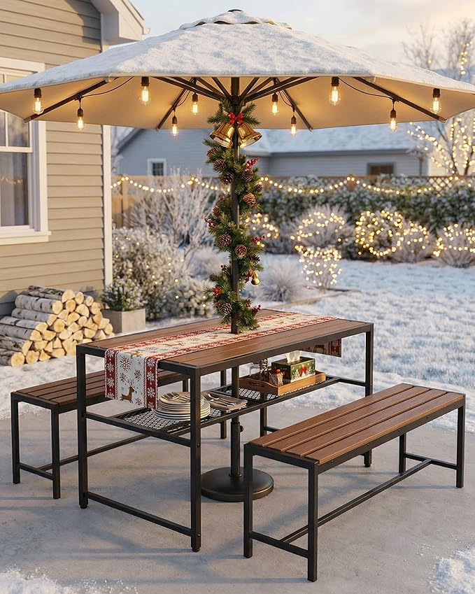 Outdoor Dining Set, 55" Picnic Table with Umbrella Hole & Storage Shelf, 3-Piece Set with 2 Movable Benches, All-Weather HDPE & Metal Frame for Backyard, Deck, Patio, BBQs & Garden