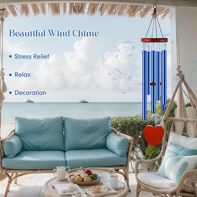 Leinuosen Wind Chimes for Outside Wind Chimes Outdoors Deep Tones 28" with 6 Aluminum Tubes Memorial Sympathy Windchime for Valentine Tree Decor Garden Courtyard Mom Loved One Gifts(Heart,Blue)