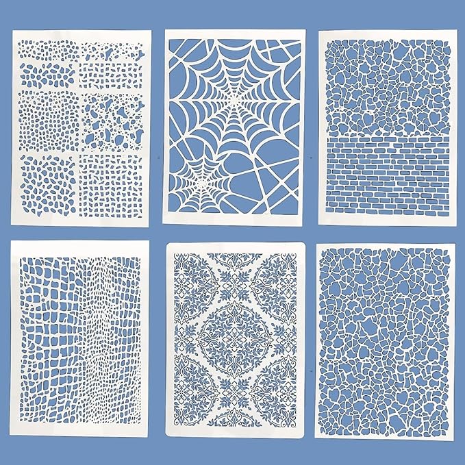 TIAMECH 6 Pcs A4 Reusable Graffiti Stencils for Painting - Mosaic Web Brick Texture Layering Templates, DIY Wall Art, Wood Furniture, Scrapbook & Crafts (8.3x11.7inch)