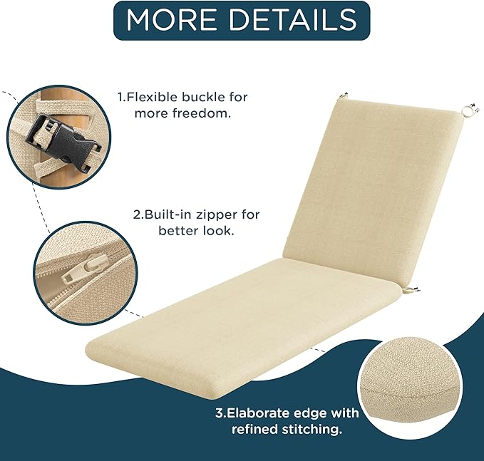 Codi Outdoor Chaise Lounge Chair Cushions 72"x22.5"x3.5" – Linen Texture, Fade Resistant, Waterproof, Removable Cover, Thick Soft Padding for Patio Furniture & Pool Relaxation, Beige