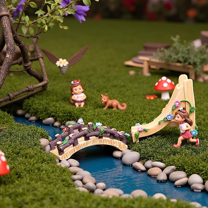Kai Dream Miniature Fairy Garden Accessories Set, 2 Piece Resin Decorative Landscape Kit with Bridge and Slide, Floral Garden Ornaments