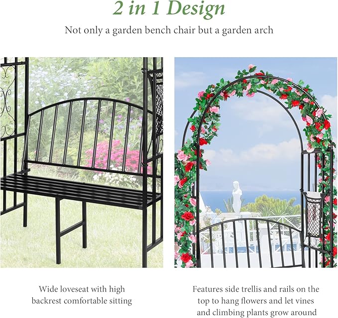 Garden Arch Heavy Duty Arbor with Bench Holds 660lbs | Metal Arbor Archway for Climbing Plant & Two People Seat Bench |Outdoor Lawn Backyard Decor, Black