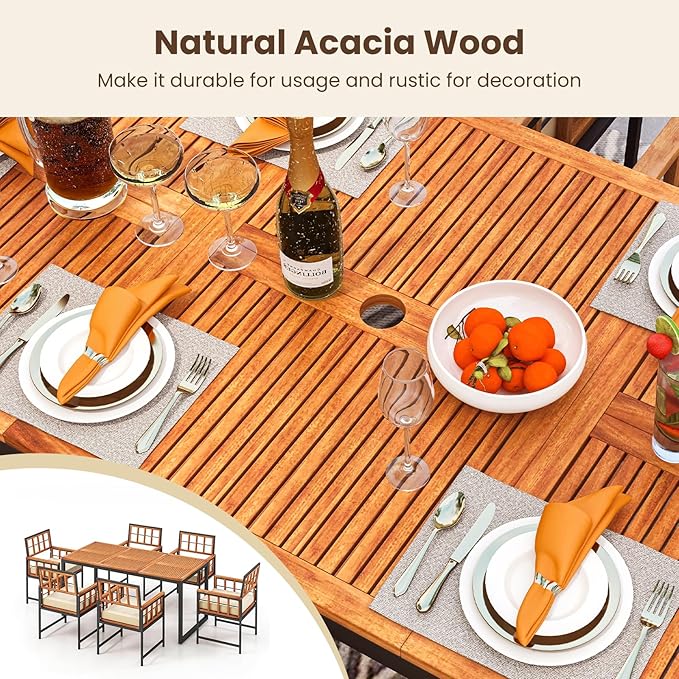 Tangkula 7 Pieces Patio Dining Set, Outdoor Acacia Wood Table and Chairs with Soft Cushions and 1.96” Umbrella Hole for Backyard, Garden, Poolside (Beige)