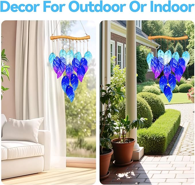 Sea Glass Wind Chime, Leaf Shape Glass Windchime for Outside, Indoor Outdoor Decor for Patio Garden Yard, Nice Gifts for Mom & Women, Memorial Sympathy Gift for Home