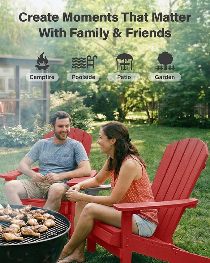YEFU Adirondack Chairs Set of 6: Plastic Adirondack Chairs - Patio Chairs with Wood Texture - Outdoor Chair HIPS - Lawn Fire Pit Deck Porch Garden Chairs for Adults (Red)