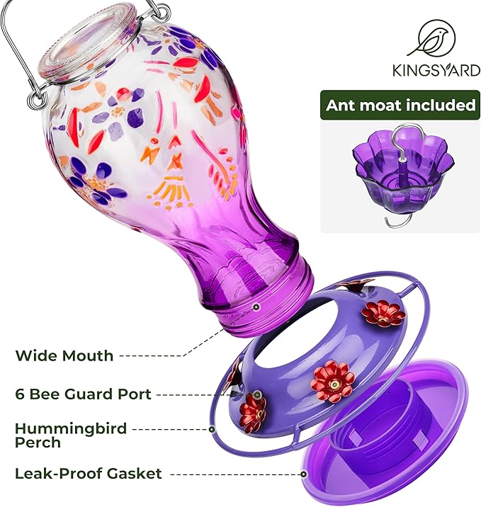 Kingsyard Glass Hummingbird Feeder for Outdoors Hanging - 26 oz Leak Proof Nectar Feeder with 6 Feeding Ports & Ant Moat for Garden Backyard Decor, Purple