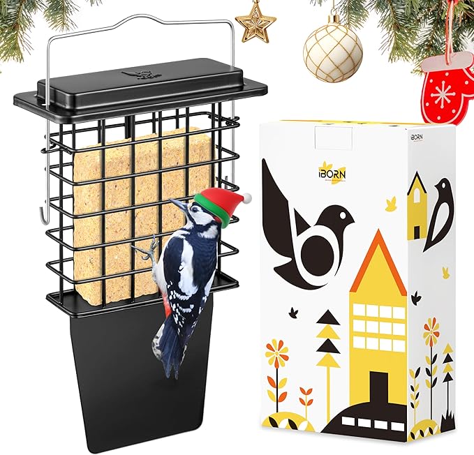 iBorn Metal Suet Feeder with Tail Prop | Durable Suet Cake Cage Bird Feeder for Outdoors，Woodpecker Feeder for Outside Hanging，Heavy-Duty Suet Holder,Easy Clean & Refill,1 Pack,Black