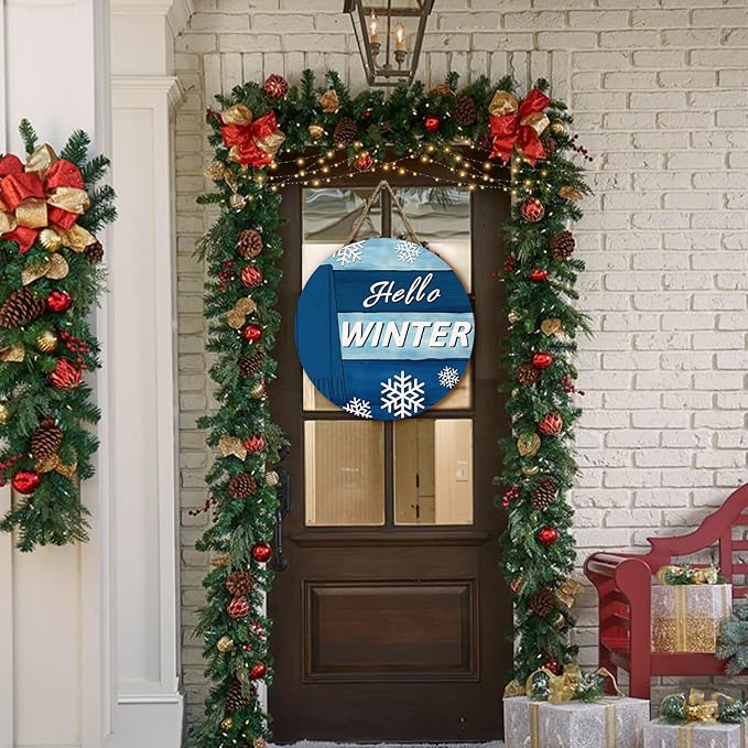 Hello Winter Door Sign for Front Door Blue Snowflakes Scarf Door Hanger Winter Wooden Porch Wall Hanging Sign for Home Outdoor Xmas Decoration 12x12 Inch