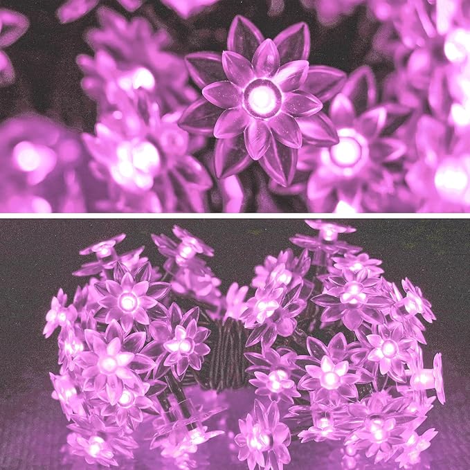 ITICdecor Solar Flower String Lights Outdoor Waterproof 50 LED Upgraded Flower Fairy Light for Garden Fence Patio Yard Christmas Tree Lawn Party (Pink)